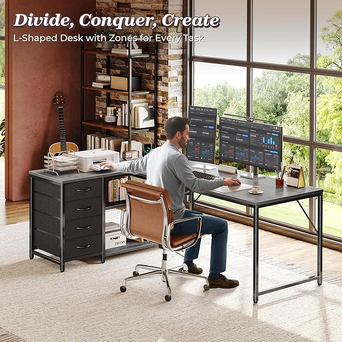 PRAISUN 61" L Shaped Desk with Power Outlets and USB-C Port, Reversible Computer Corner Office Desk with 4 Fabric Drawers and 2 Height-Adjustable Shelves, Large for Gaming Writing Work Study, Grey