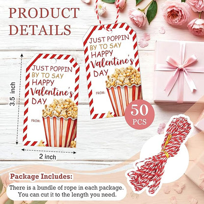 Just Poppin Happy Valentines Gift Tags, 50 Pcs Valentine Tags with String, Popcorn Design Thank You Label for Gift Wrapping, Valent Day Decoration-Red White