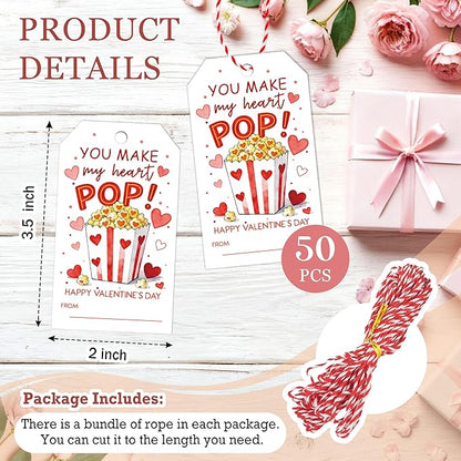 You Make My Heart Pop Valentines Gift Tags, 50 Pcs Valentine Tags with String, Valentines Day Thank You Gift Label for Bags School Classroom Party Favors