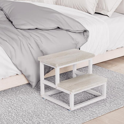 Step Stools, Heavy Duty Stepping Stool for Kids Adults, Non-Slip Metal and Wooden 2 Steps Foot Stool for High Beds and Kitchen, Round Corner, 500 Lbs Capacity, White Oak
