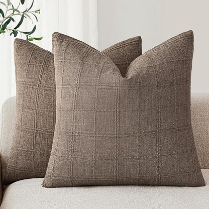 Foindtower Set of 2 Decorative Linen Check Throw Pillow Covers Neutral Farmhouse Vintage Cushion Covers Modern Boho Home Decor for Sofa Chair Couch Bedroom Living Room Outdoor,22×22 Inch,Taupe Grey