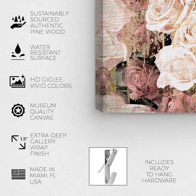 The Oliver Gal Artist Co. Floral and Botanical Wall Art Canvas Prints 'Shabby Chic Romance' Florals, Pink, Brown, 24" x 16"