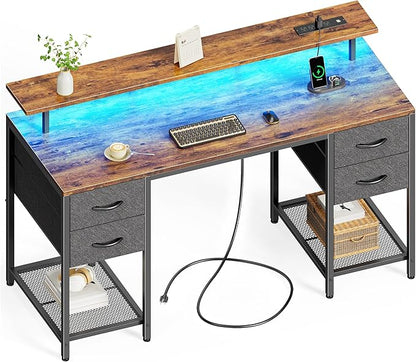 Huuger 55 inch Computer Desk with 4 Drawers, Gaming Desk with LED Lights & Power Outlets, Home Office Desk with Large Storage Space for Bedroom, Work from Home, Rustic Brown