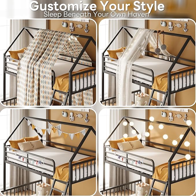 LIKIMIO Bunk Bed Twin Over Full Size, House Bunk Bed Frame with Ladder and Guardrail, House Shaped with Metal Slats Support No Box Spring Needed Space Saving for Bedroom and Dorm, Black