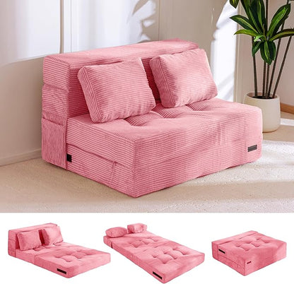 MAXYOYO Convertible Sofa Bed, Fold Out Loveseat Sleeper Sofa with Pillow, 4 in 1 Tufted Folding Couch Bed Foam Floor Couch, Lazy Chair for Living Room Bedroom Guest Room, Pink
