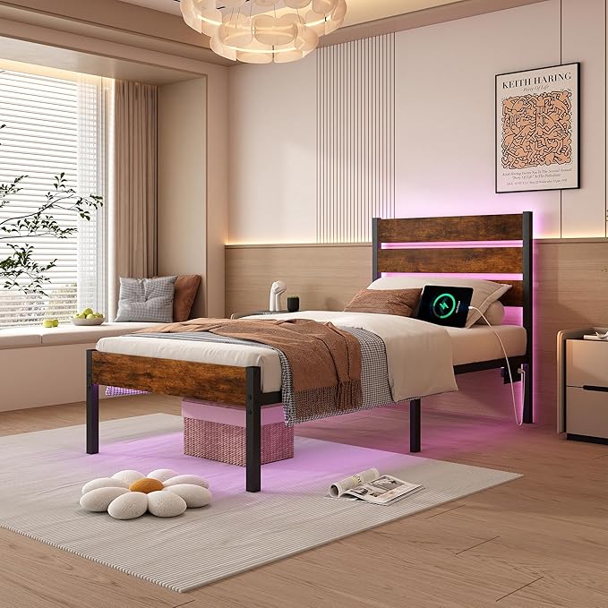 Twin Bed Frame with Headboard,Heavy Duty LED Bed Frame with USB Charging Station,Mattress Foundation-Under Bed Storage, No Box Spring Needed, Noise Free,Brown
