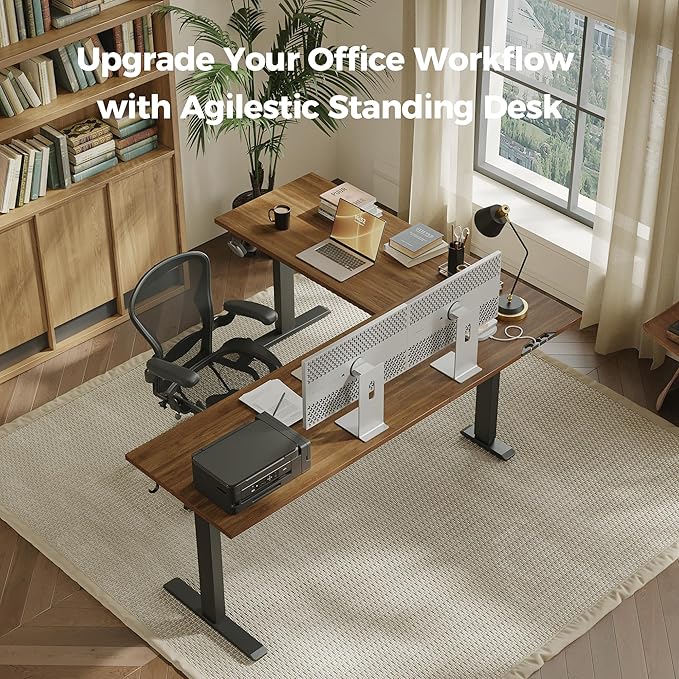 Agilestic 75 Inch L Shaped Standing Desk Adjustable Height, Corner Standing Desk, Sit Stand Up Computer Table, Splice Board, Dark Walnut