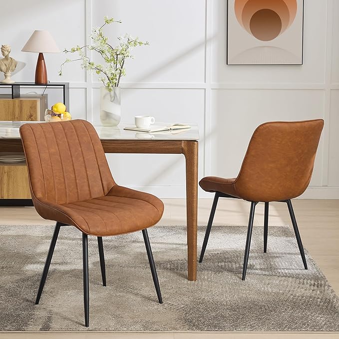 Dining Chairs Set of 2, Upholstered PU Leather Kitchen & Dining Chairs with Whale Backrest,Chair with Padded Seat and Metal Legs for Restaurant/Cafe