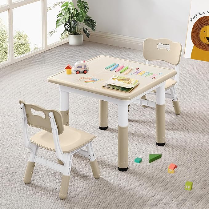 Kids Table & Chairs Set (2 Chairs) Height Adjustable for Ages 2-8 | Non-Slip Toddler Activity Table with Wipe-Clean Desktop, Montessori Learning & Art Drawing Table for Home Preschool