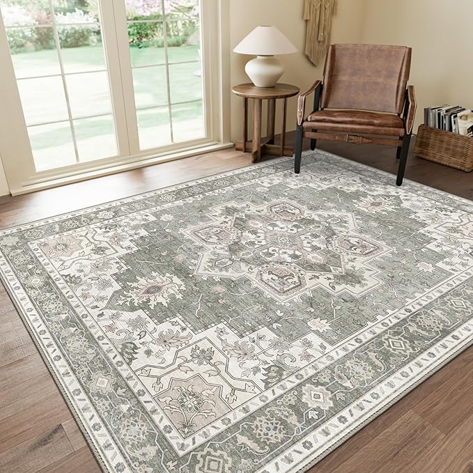 GENIMO 5x7 Area Rugs for Living Room, Machine Washable Non Slip Vintage Rugs, Low Pile Lightweight Chenille Print Rug for Bedroom, Dining Room, Home Office, Moonlight