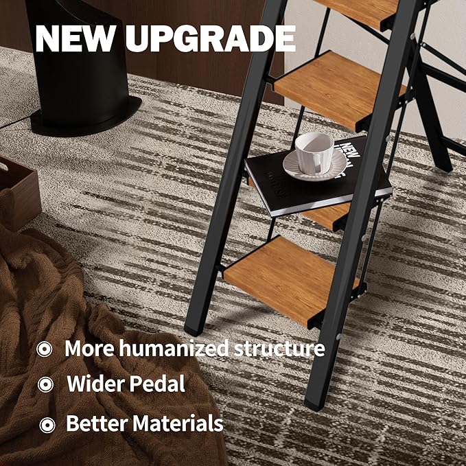 5 Step Ladder, Lightweight Folding Step Stool with Anti-Slip Aluminum Wide Pedal& Convenient Handgrip, 330lbs Capacity Steel Ladder for Household and Office (Black&Woodgrain)