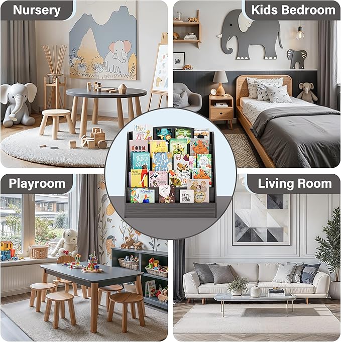 TOETOL 5-Tier Kids Bookshelf - Toddler Book Display Shelves for Classrooms, Playrooms, and Nursery - Wooden Children Book Rack (Gray Wash)