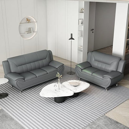 Container Furniture Direct Michael Modern Faux Leather Upholstered Stainless Steel Legs Living Room Sofa, Loveseat, Sleek Gray
