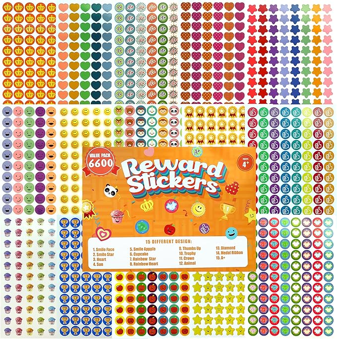 6600 PCS Small Stickers for Kids Classroom, Mini Teacher Reward Stickers Includes Stars, Smiley Faces & Emojis, Sticker Pack, Stickers Bulk, Scrapbook Journal Supplies
