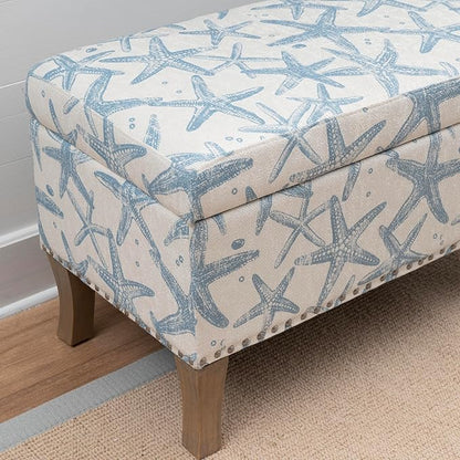 Linon Stephanie Cream and Light Blue Starfish Fully Upholstered Bench with Hidden Interior Storage