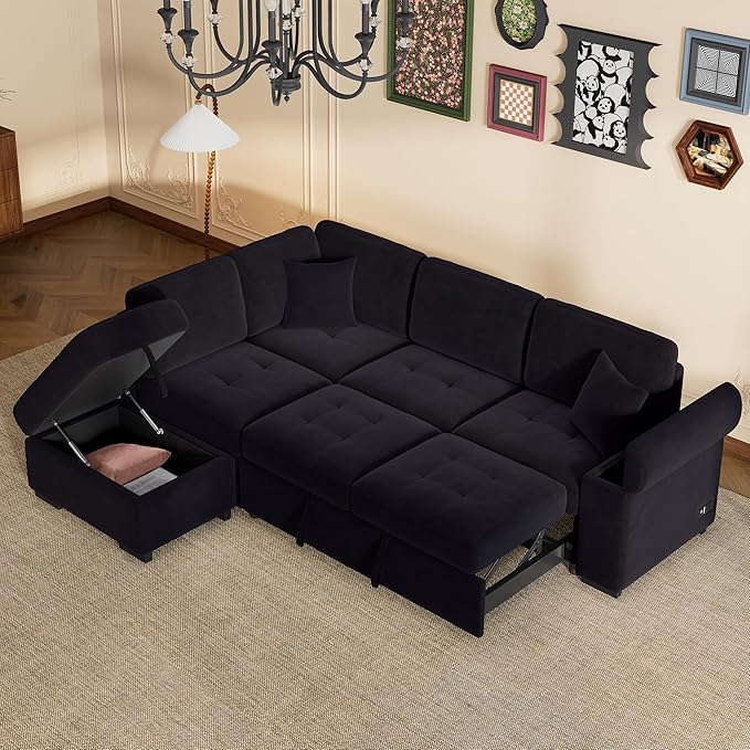Ball & Cast Sleeper Sofa Bed L Shaped Couch with Storage Otooman and Cup Holder,L-Shaped Sectional Couch w/Hidden Arm Storage & USB Charge,4-Seater Sectional Sofa for Living Room,Apartment,Black