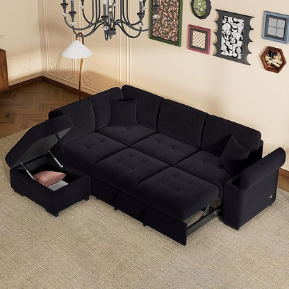 Ball & Cast Sleeper Sofa Bed L Shaped Couch with Storage Otooman and Cup Holder,L-Shaped Sectional Couch w/Hidden Arm Storage & USB Charge,4-Seater Sectional Sofa for Living Room,Apartment,Black