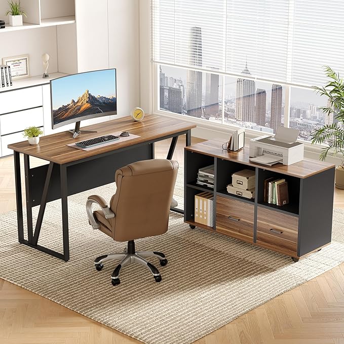 LITTLE TREE 55-Inch L-Shaped Computer Desk, Large Corner Desk with Drawers, Modern Office Workstation Study Desk, Corner Computer Desk for Home Office, Bedroom, Brown