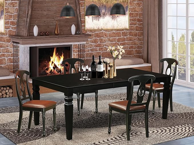 East West Furniture LGKE5-BLK-LC 5 Piece Dining Set Includes a Rectangle Dining Table with Butterfly Leaf and 4 Faux Leather Kitchen Room Chairs, 42x84 Inch, Black