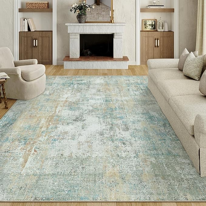 9x12 Area Rug Teal Beige Modern Neutral Abstract Living Room Bedroom Indoor Floor Carpet Low Pile Soft Non-Slip Lightweight Vacuumable Washable Large Throw Rug for Nursery Dining Room