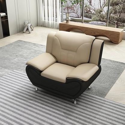 Container Furniture Direct Michael Modern Faux Leather Upholstered Stainless Steel Legs Living Room Sofa, Chair, Camel/Black