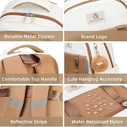 AO ALI VICTORY School Backpack for Girls Women 15.6 Inch Laptop Backpacks College Bookbag Cute Kids Elementary Middle High School Bag with Lunch Box Set for Teens Students Travel Daypack, Brown Set