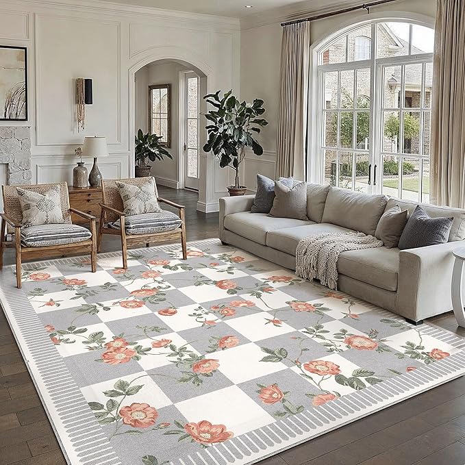 HUGEAR 8x10 Checkered Area Rugs Machine Washable Grey Large Living Room Rug Floral Print Non-Slip Stain Resistant Low Pile Indoor Throw Carpet for Bedroom Home Unique Aesthetic Modern Decor