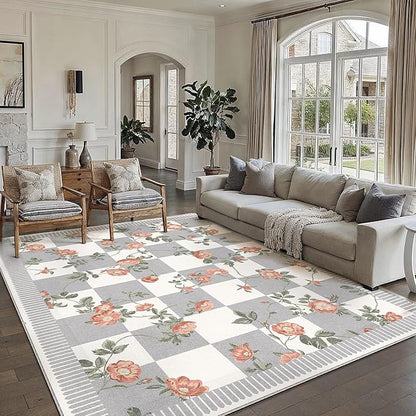 HUGEAR 8x10 Checkered Area Rugs Machine Washable Grey Large Living Room Rug Floral Print Non-Slip Stain Resistant Low Pile Indoor Throw Carpet for Bedroom Home Unique Aesthetic Modern Decor