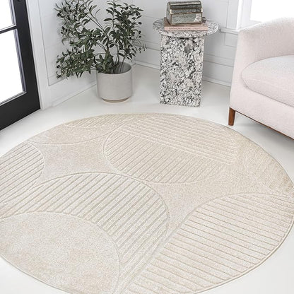 JONATHAN Y Nordby High-Low Arch Striped Ivory/Cream 7' Round Indoor/Outdoor Area Rug, Pet Friendly, Non-Shedding, Stain Resistant, Easy-Cleaning for Backyard, Patio, (SCN104B-7R)