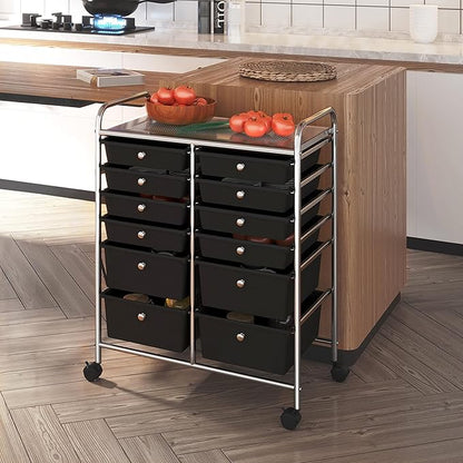 Yaheetech 12 Drawers Rolling Storage Cart Multipurpose Movable Organizer Cart Storage Bin Trolley Tools Scrapbook Paper Organizer on Wheels, Black