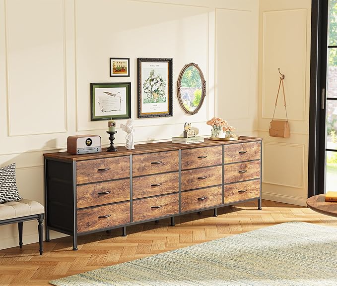 Huuger 70 Inch Dresser for Bedroom, TV Stand for 65, 75, 80 Inch TV, 12 Fabric Drawer Long Dresser, Large Entertainment Center for Bedroom, Wide Chest of Drawer with Storage, Rustic Brown