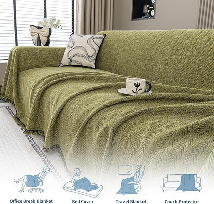 Nobildonna Sofa Cover Washable Soft Thicken Chenille Couch Cover with Tassel,Waterproof Sofa Slipcover for 2-3 Cushion Couch,Sectional Sofa,L-Shaped Furniture Protector Pet-Friendly,Green 71"x118"