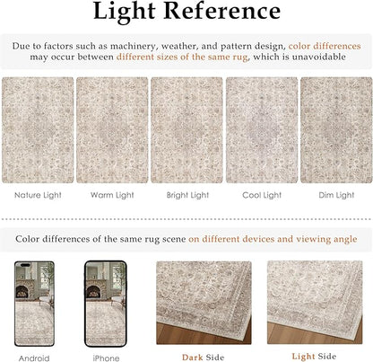 Beige Area Rug 5x7 for Living Room Washable Vintage Carpet Low Pile Non Slip Distressed Soft Traditional Retro Oriental Large Accent Throw Rug Office Kitchen Bedroom Bathroom Dining Room