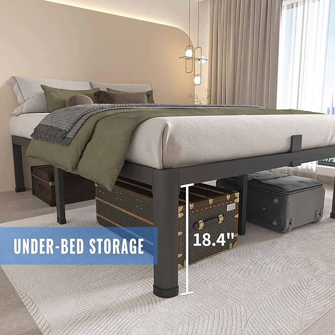 MAF 20 Inch Full Size Bed Frame with Round Corner Legs Mattress Slide Stopper No Box Spring Needed Heavy Duty Metal Platform Bed Frames Under-Bed Storage Space, 3000 LBS Steel Slats Support