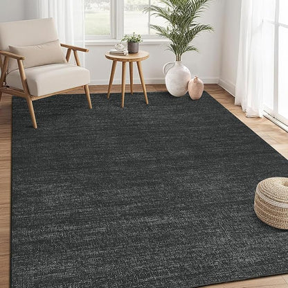 5x7 Washable Rugs Non Slip Minimalist Area Rug for Bedroom Soft Low Pile Solid Color Large Bedroom Throw Carpet Stain Resistant Classic Neutral Area Rug Plain Boho Rugs for Kitchen Nursery, Black