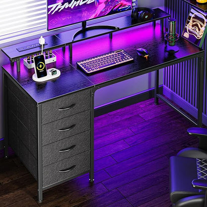 Huuger 47 Inch Computer Desk with Power Outlets and LED Lights, Gaming Desk with 4 Drawers, Office Desk with Monitor Stand, Study Work Home Office, Small Spaces, Black
