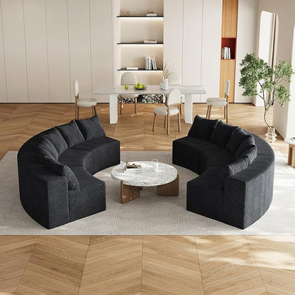 KEIKI Corduroy Curved Sectional Sofa, 6 Seater Symmetrical Modular Semi Circular Couch, Deep Seat Tufted Corner Sofa for Living Room, Lobby, Black