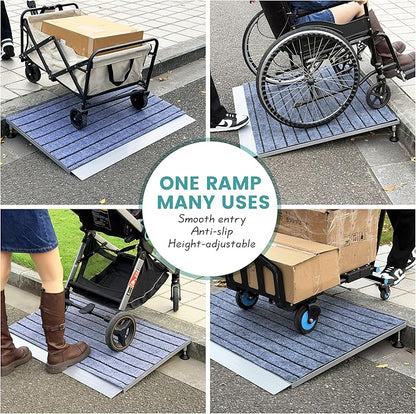 Threshold Ramps for Wheelchairs, Adjustable Height 3.3"-6.6" and 36"×36" Platform Aluminum Wheelchair Ramp, Door Threshold Ramps with a Non-Slip Thick Door Mat for Scooters, Power Chairs, Cart
