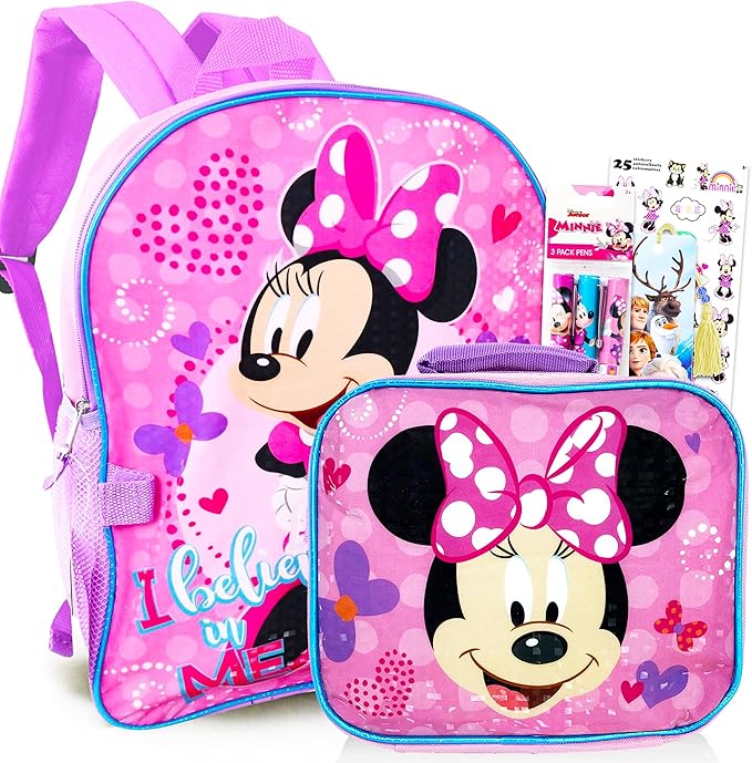 Disney Minnie Mouse Backpack with Lunch Box for Girls 5 Pc Bundle ~ Deluxe 16" Minnie Bag, Insulated Lunch Bag, Stickers, and More (Minnie Mouse School Supplies)