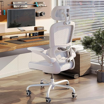 TRALT Ergonomic Office Chair - Desk Chair with Adjustable Headrest Lumbar Support Computer Chair - Mesh Comfy Chair with Flip-up Armrests - Gaming Chairs for Adults Home Office (Leather, White)