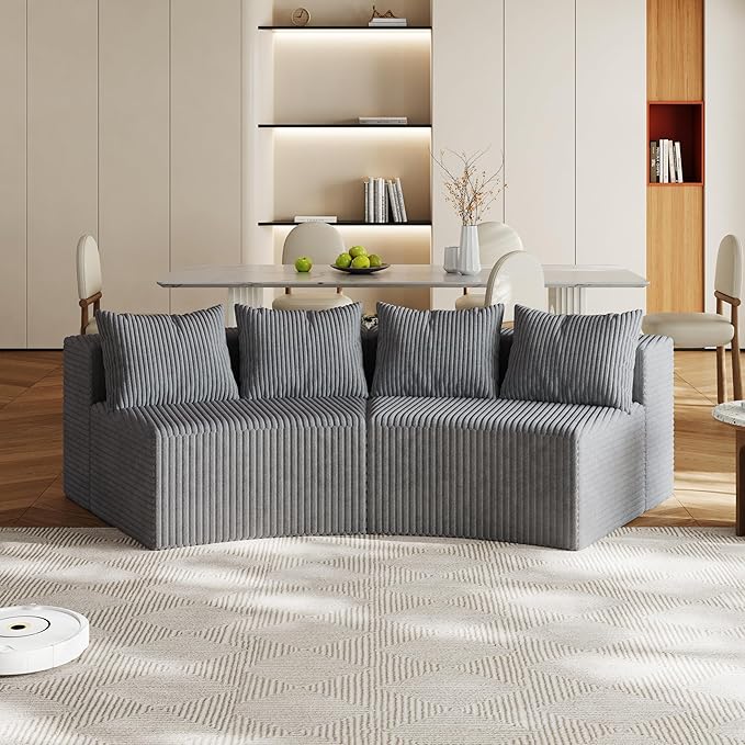 KEIKI Corduroy Curved Sectional Sofa, 2 Seater Symmetrical Modular Semi Circular Couch, Deep Seat Tufted Corner Sofa for Living Room, Lobby, Gray