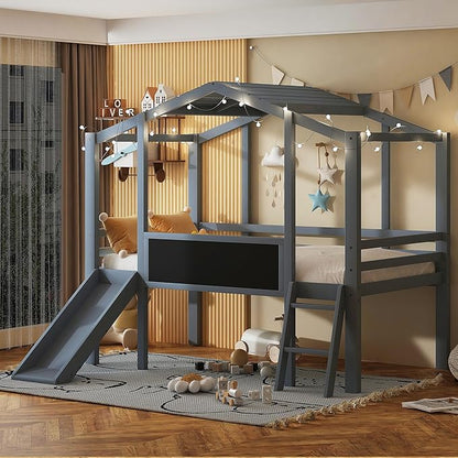 Ball & Cast Twin Size House Loft Bed with Ladder and Slide,Wood Bunkbed w/Blackboard and Light Strip on The Roof,Slat Support,Space Saving,Bedroom Furniture for Student Dorms,Gray