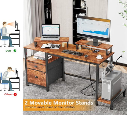 Furologee 47" Computer Desk with File Cabinet and Power Outlets, Home Office Desk with 2 Monitor Stands and Storage Drawer, Writing Gaming Table with Shelves and 2 Hooks for Bedroom, Rustic Brown