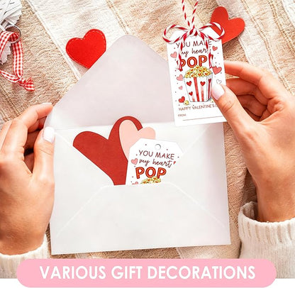 You Make My Heart Pop Valentines Gift Tags, 50 Pcs Valentine Tags with String, Valentines Day Thank You Gift Label for Bags School Classroom Party Favors