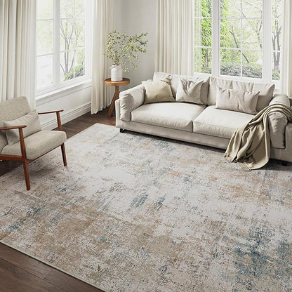 9x12 Washable Area Rug Beige Blue Neutral Abstract Living Room Bedroom Large Throw Rug Non Slip Soft Low Pile Indoor Floor Carpet for Dining Room Kitchen Office Entryway
