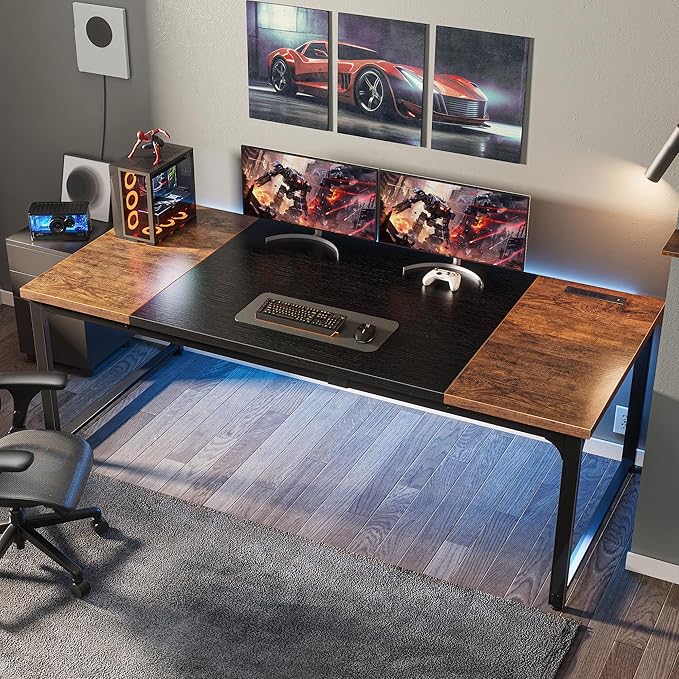 Huuger 71 x 31.5 Inch Desk with Power Outlets & USB-C, 1.2 Inch Thicker Desktop, Robust Metal Tubes, Deep Computer Desk, Heavy Duty Office Desk, Work Desk, Rustic Brown and Black