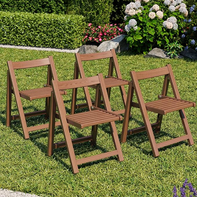 Wood Folding Chairs Set of 4, Indoor Outdoor Wooden Foldable Dining Chairs, Space-Saving and Portable Design for Kitchen, Lawn, Patio 300lbs Capacity,