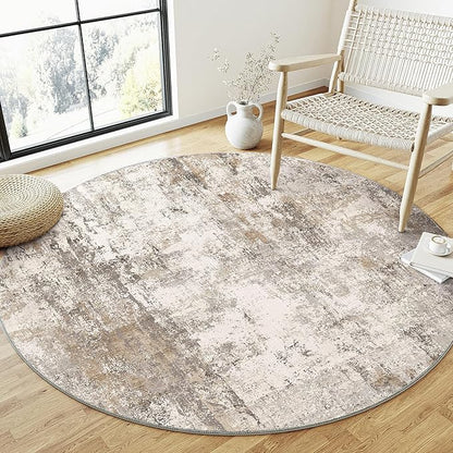 8x8 Washable Round Rug Brown Grey Neutral Abstract Living Room Bedroom Large Area Rug Non Slip Soft Low Pile Indoor Floor Carpet for Dining Room Kitchen Office Entryway