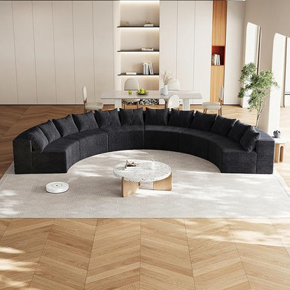 KEIKI Corduroy Curved Sectional Sofa, 6 Seater Symmetrical Modular Semi Circular Couch, Deep Seat Tufted Corner Sofa for Living Room, Lobby, Black