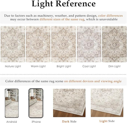 Beige Runner Rug 2'6"x10' Washable Vintage Carpet Hallway Kitchen Soft Retro Low Pile Thin Indoor Bedroom Non Slip Oriental Medallion Long Throw Rug for Bathroom Laundry Dining Room